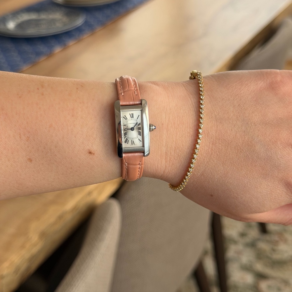 Pink Leather Strap Rectangular Silver-Tone Watch - image 1